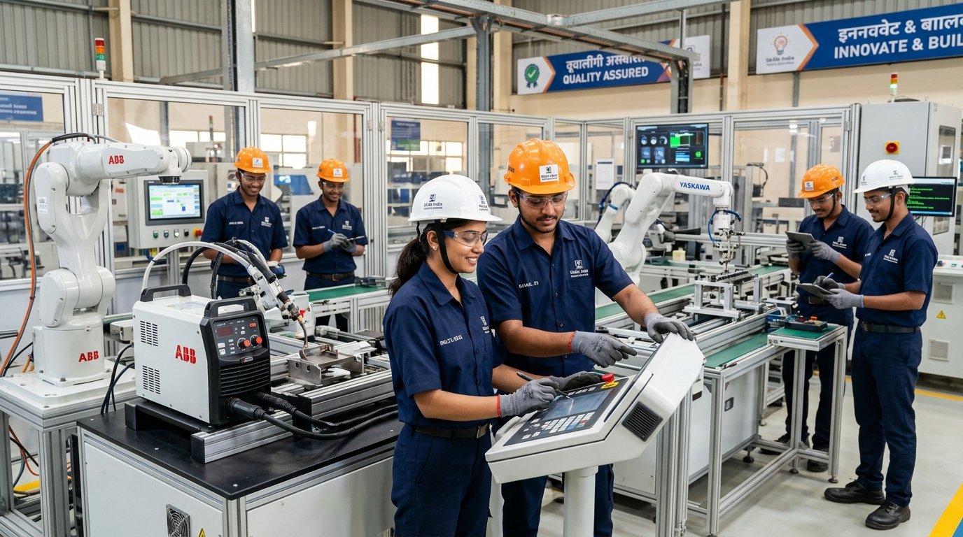 Indian technicians and apprentices in high-tech manufacturing workshop